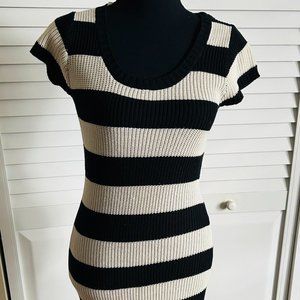 NWT Sweater Project Junior Dress Sz M Black Cream Striped Cap Sleeve Fitted